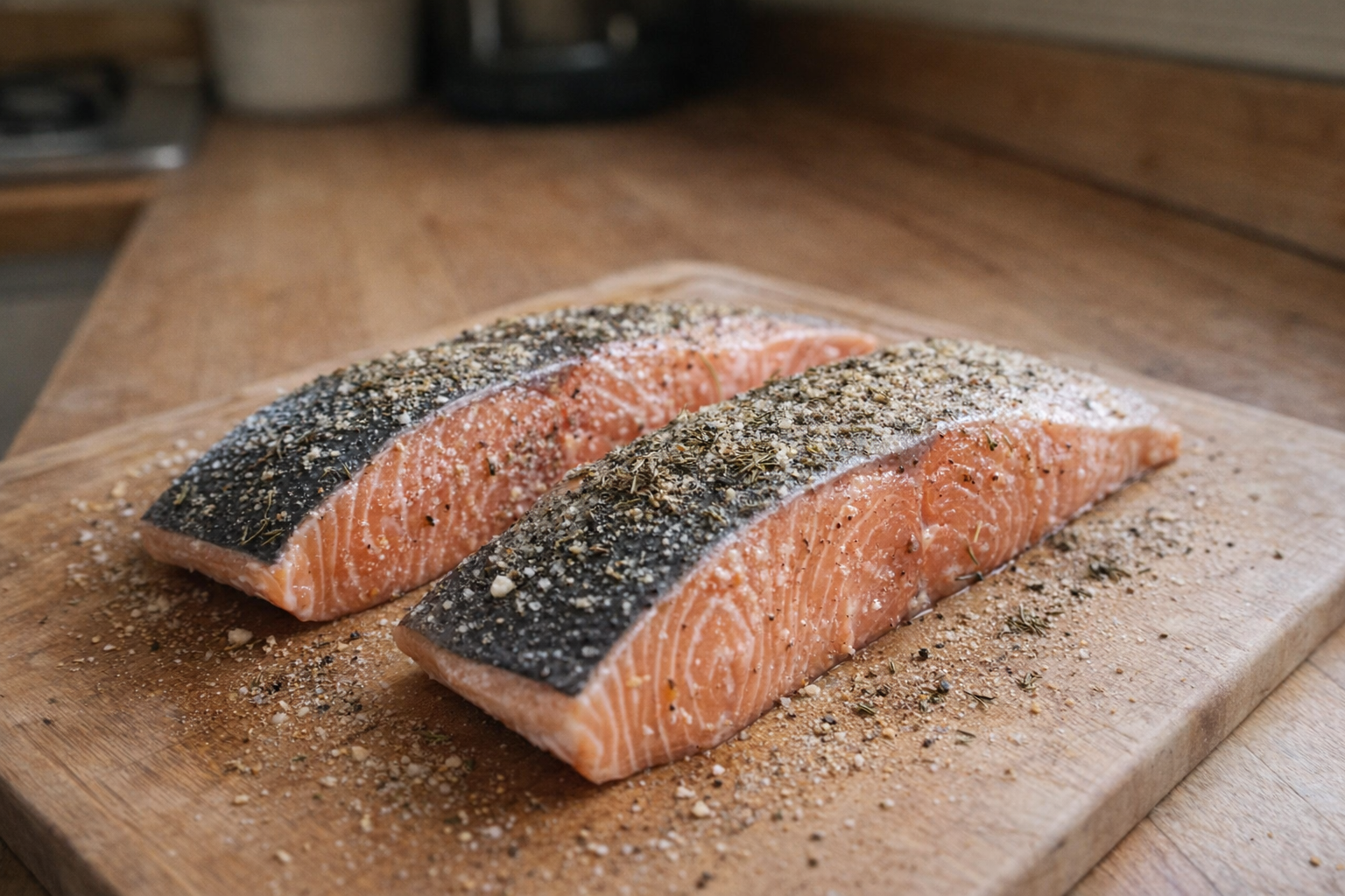 A close-up shot of two raw salmon fillets, skin-on, seasoned with salt, pepper, garlic powder, and dried thyme, arranged on a wooden cutting board